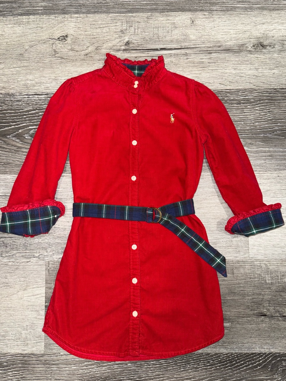 Ralph Lauren Girls Red Corduroy Shirt Dress with Tartan Plaid Belt Size 5